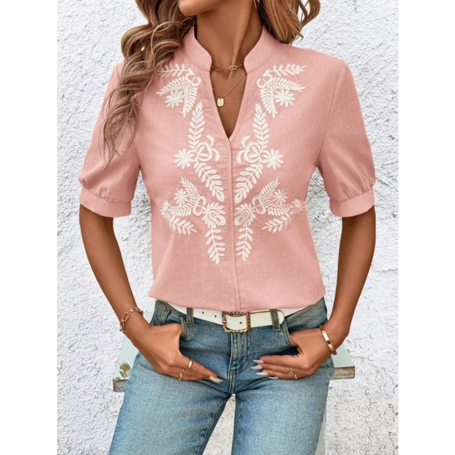 Embroidered Notched Short Sleeve Blouse Pink / S Apparel and Accessories