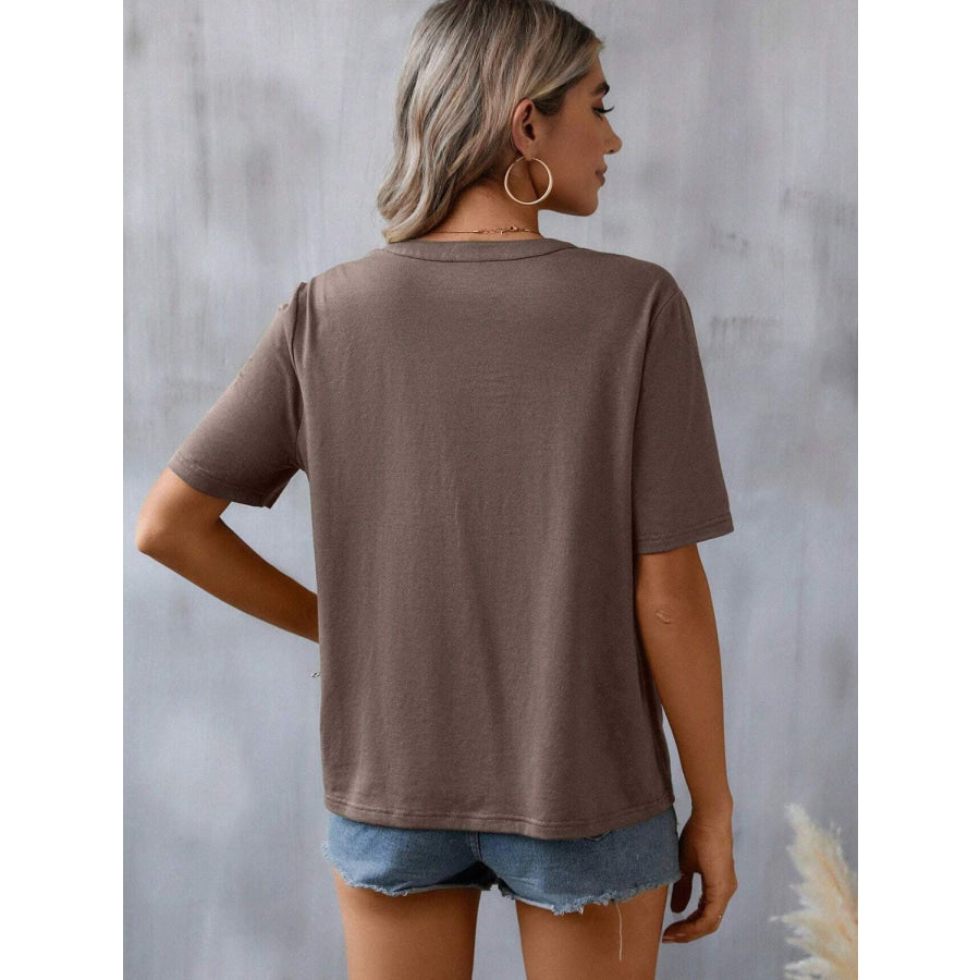 Embroidered Notched Short Sleeve T-Shirt Taupe / S Apparel and Accessories