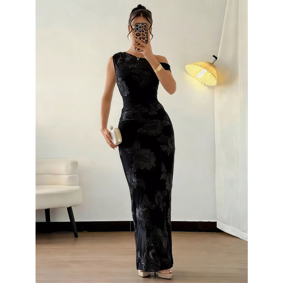 Embroidered One Shoulder Maxi Dress Black / S Apparel and Accessories