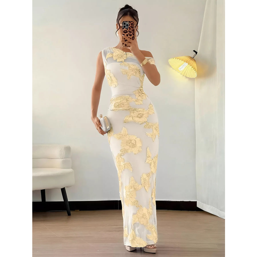 Embroidered One Shoulder Maxi Dress Light Yellow / S Apparel and Accessories