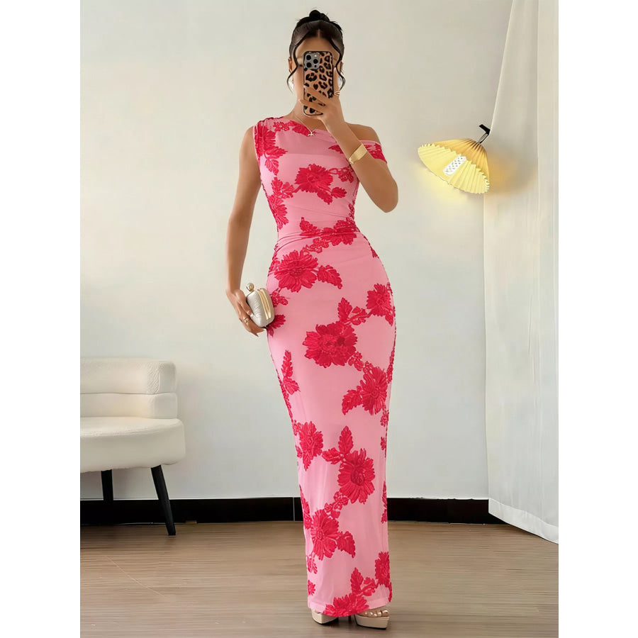 Embroidered One Shoulder Maxi Dress Strawberry / S Apparel and Accessories