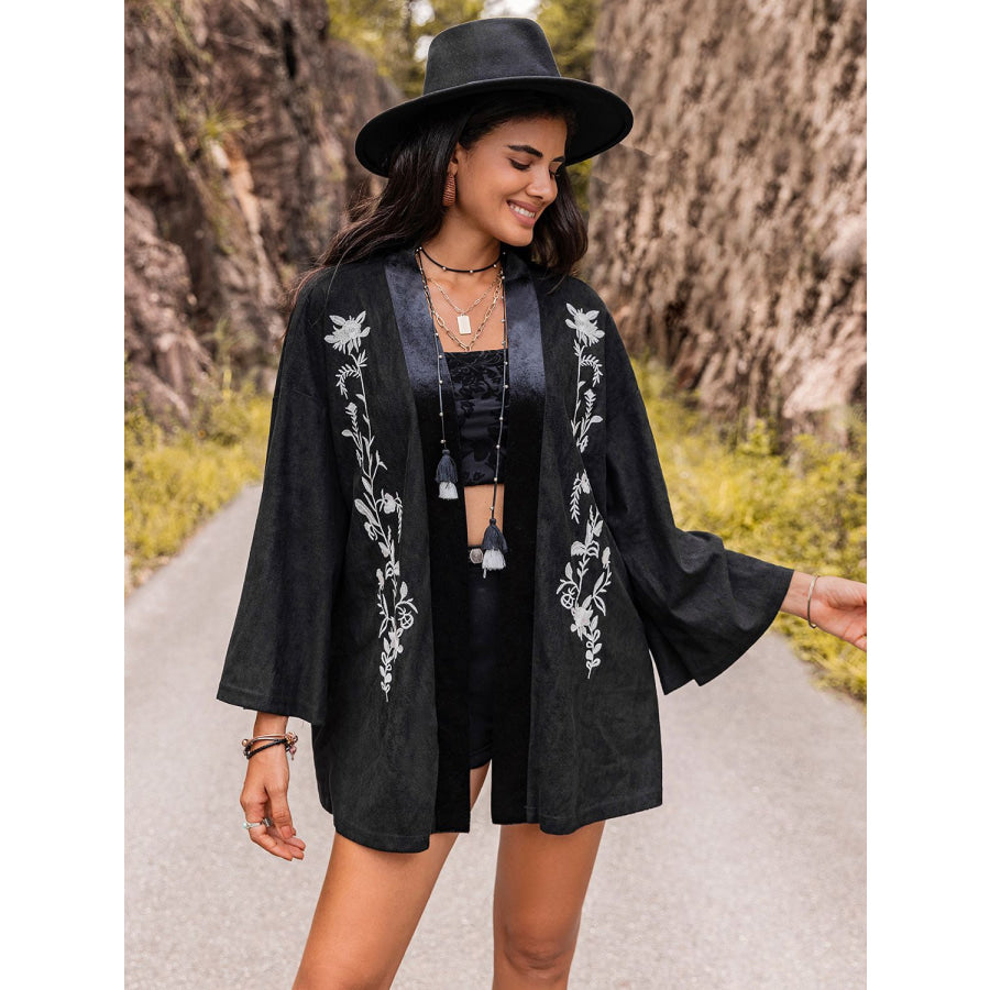 Embroidered Open Front Long Sleeve Cardigan Apparel and Accessories