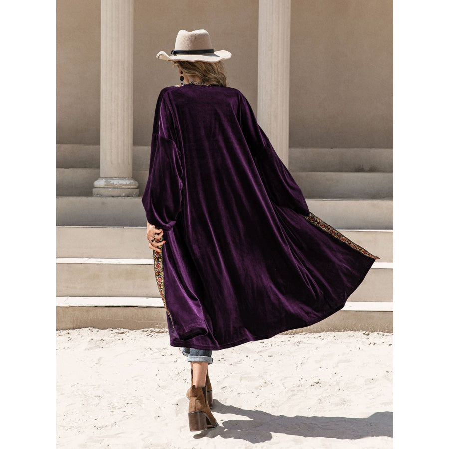 Embroidered Open Front Long Sleeve Cardigan Plum / S Apparel and Accessories