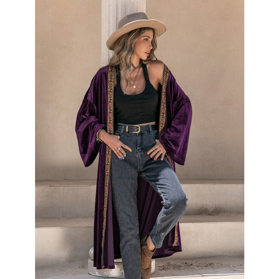 Embroidered Open Front Long Sleeve Cardigan Apparel and Accessories