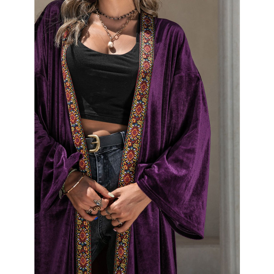 Embroidered Open Front Long Sleeve Cardigan Apparel and Accessories