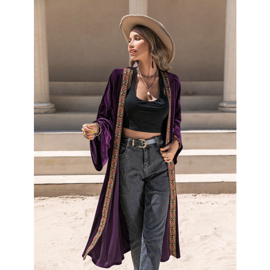 Embroidered Open Front Long Sleeve Cardigan Apparel and Accessories