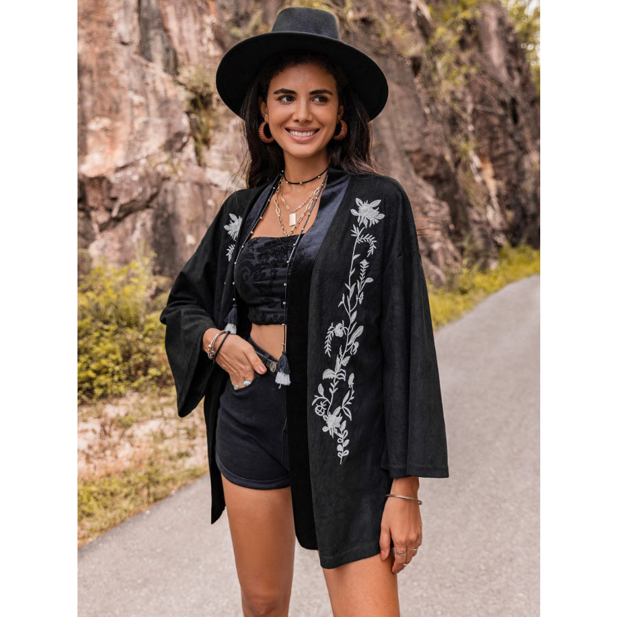 Embroidered Open Front Long Sleeve Cardigan Black / S Apparel and Accessories