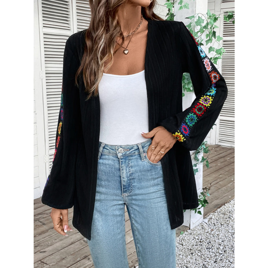 Embroidered Open Front Long Sleeve Cardigan Black / S Apparel and Accessories