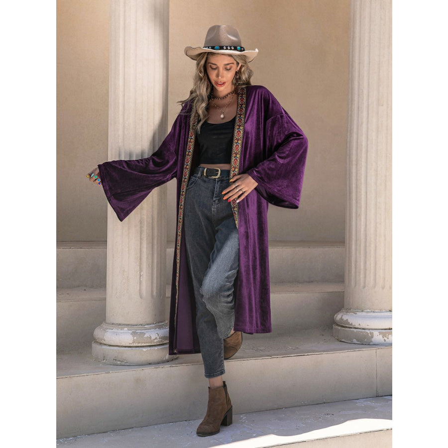 Embroidered Open Front Long Sleeve Cardigan Plum / S Apparel and Accessories