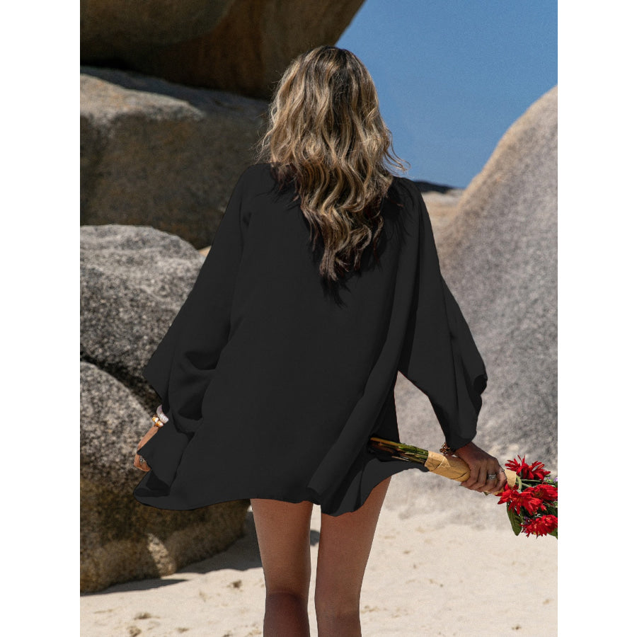 Embroidered Open Front Long Sleeve Cover Up Black / S Apparel and Accessories