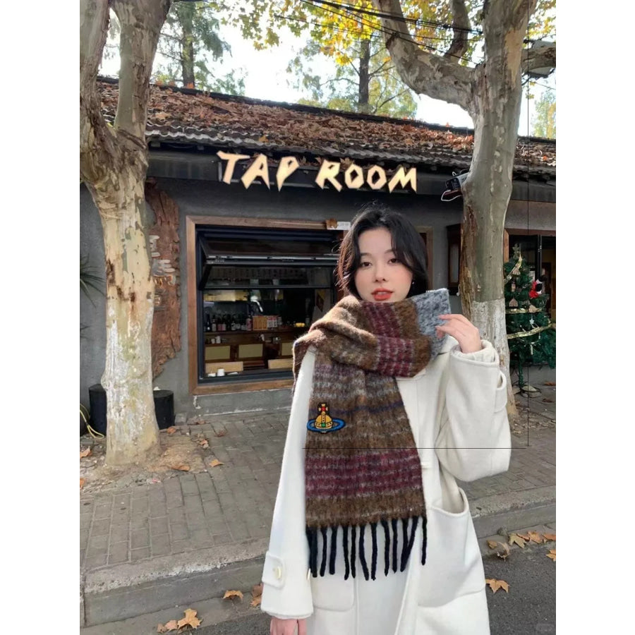 Embroidered Orb Logo Plaid Scarf Caramel / One Size Apparel and Accessories