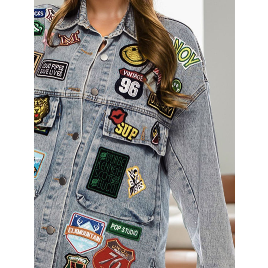 Embroidered Patch Button Up Long Sleeve Denim Jacket Apparel and Accessories