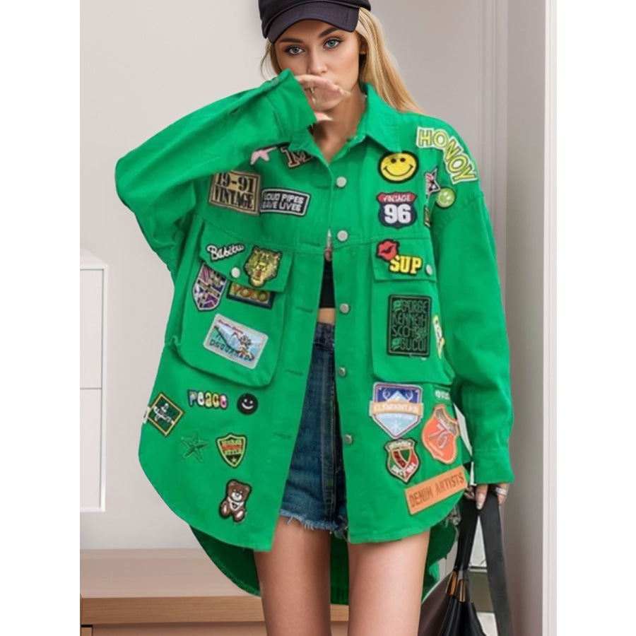 Embroidered Patch Button Up Long Sleeve Denim Jacket Green / S/M Apparel and Accessories