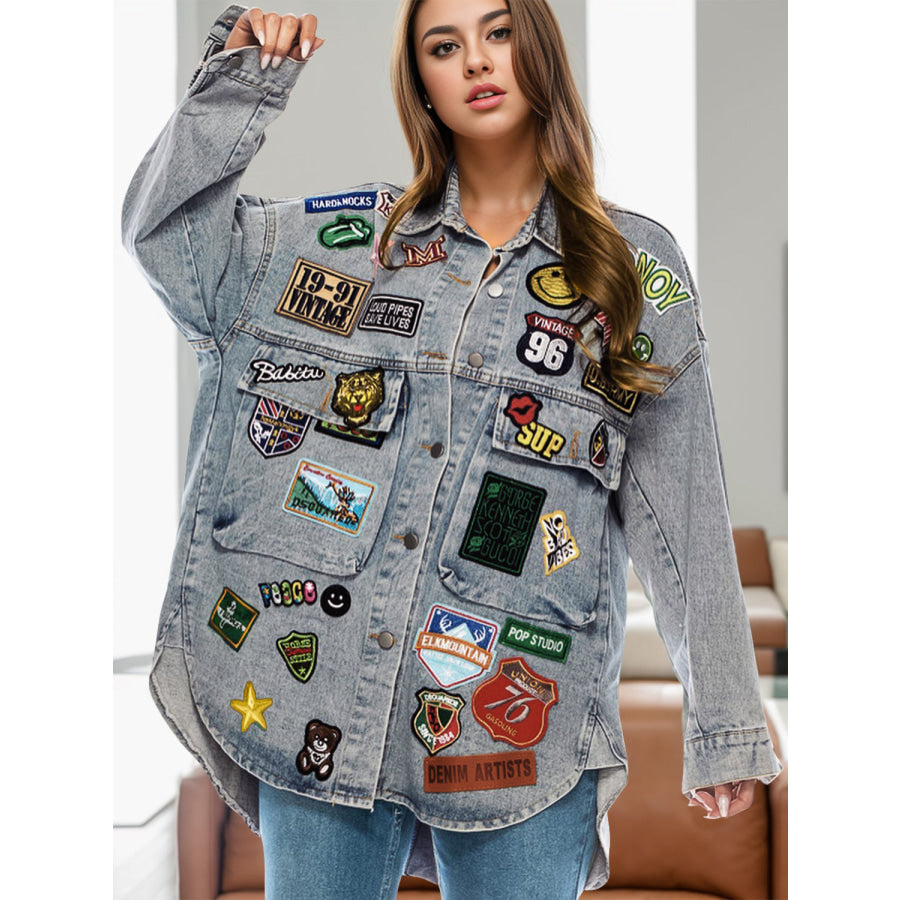 Embroidered Patch Button Up Long Sleeve Denim Jacket Medium / S/M Apparel and Accessories