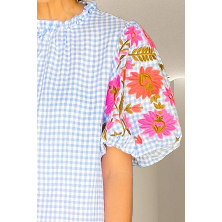 Embroidered Plaid Round Neck Short Sleeve Blouse Light Blue / S Apparel and Accessories