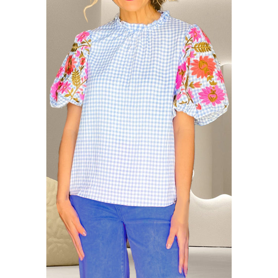 Embroidered Plaid Round Neck Short Sleeve Blouse Light Blue / S Apparel and Accessories