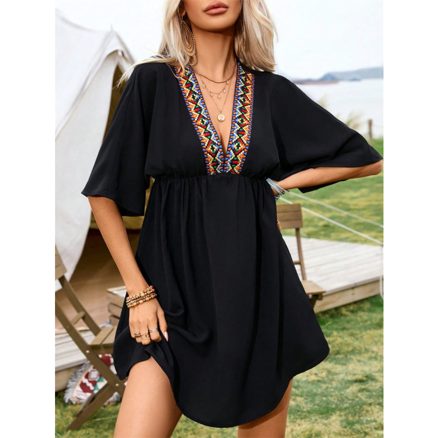 Embroidered Plunge Half Sleeve Mini Dress Apparel and Accessories