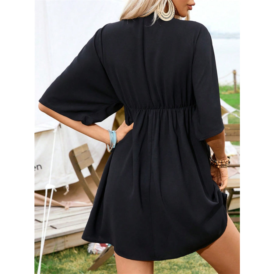 Embroidered Plunge Half Sleeve Mini Dress Apparel and Accessories