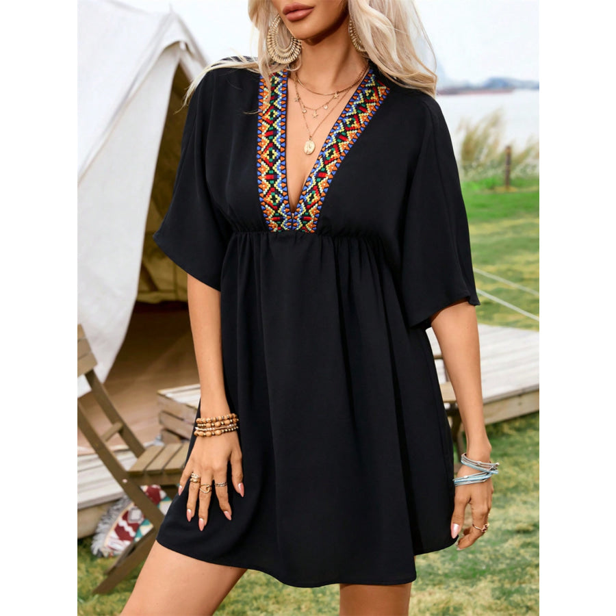 Embroidered Plunge Half Sleeve Mini Dress Apparel and Accessories