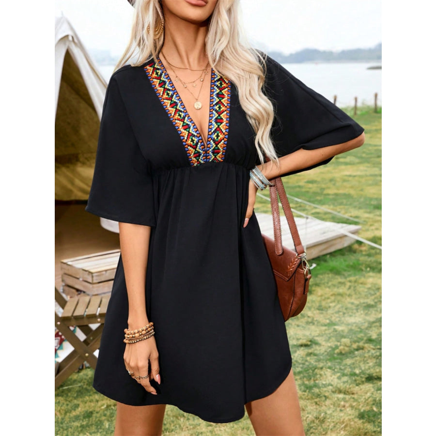 Embroidered Plunge Half Sleeve Mini Dress Black / S Apparel and Accessories