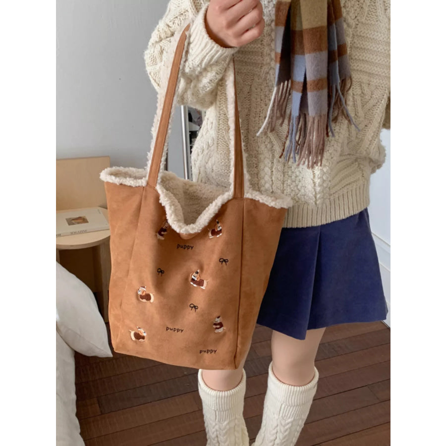 Embroidered Plush Tote Bag Caramel / ONESIZE Apparel and Accessories