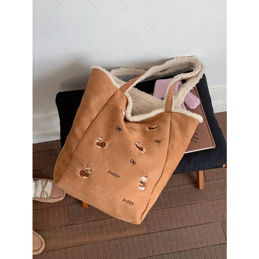 Embroidered Plush Tote Bag Caramel / ONESIZE Apparel and Accessories