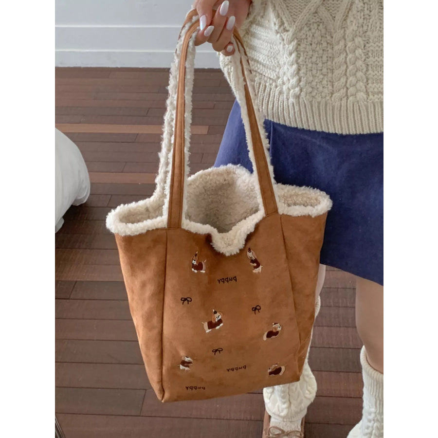 Embroidered Plush Tote Bag Caramel / ONESIZE Apparel and Accessories