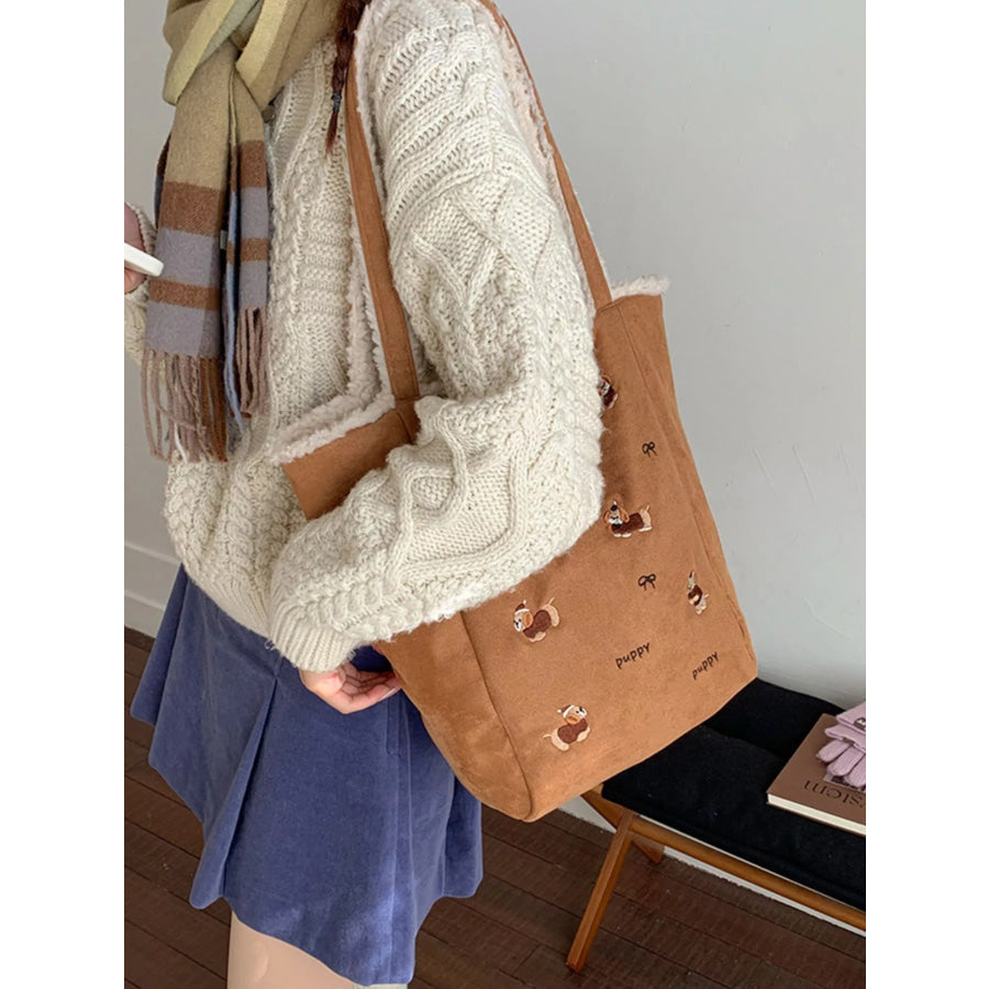 Embroidered Plush Tote Bag Caramel / ONESIZE Apparel and Accessories