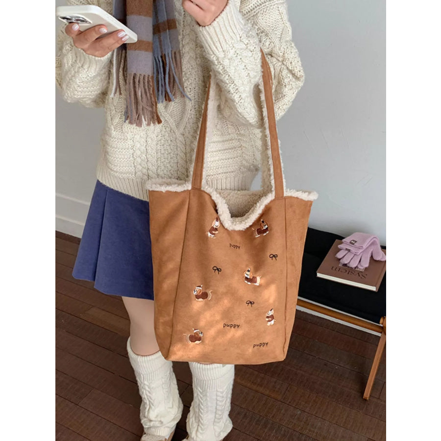 Embroidered Plush Tote Bag Caramel / ONESIZE Apparel and Accessories
