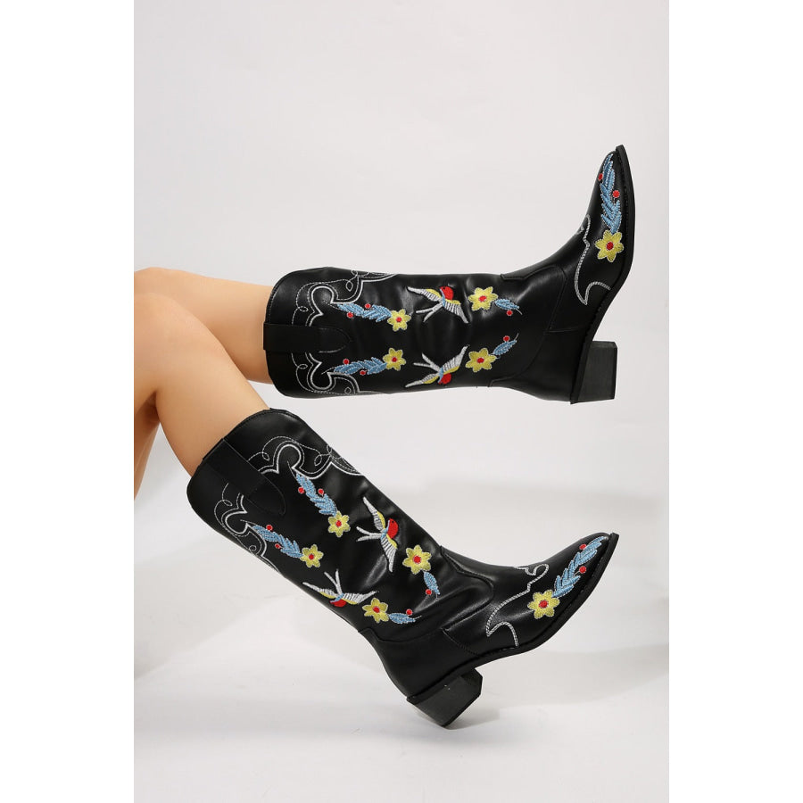 Embroidered Point Toe Block Heel Boots Apparel and Accessories