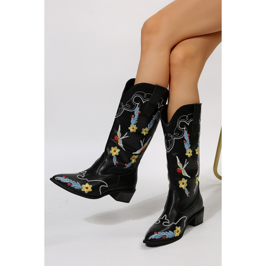 Embroidered Point Toe Block Heel Boots Apparel and Accessories