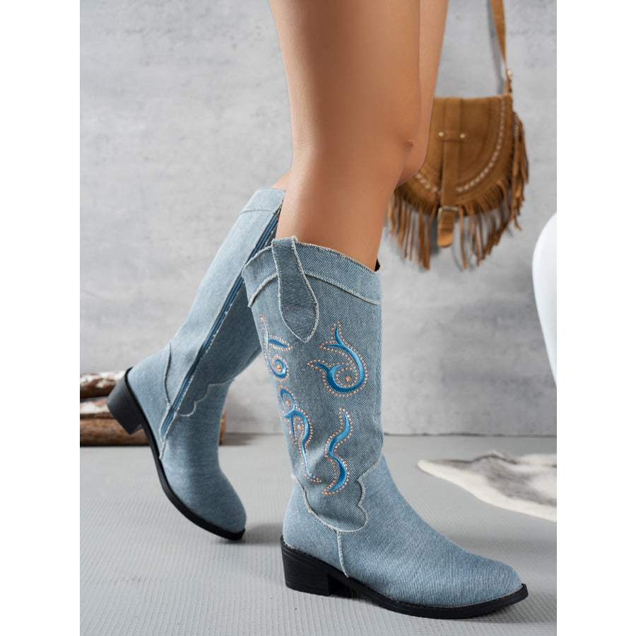 Embroidered Point Toe Block Heel Boots Apparel and Accessories