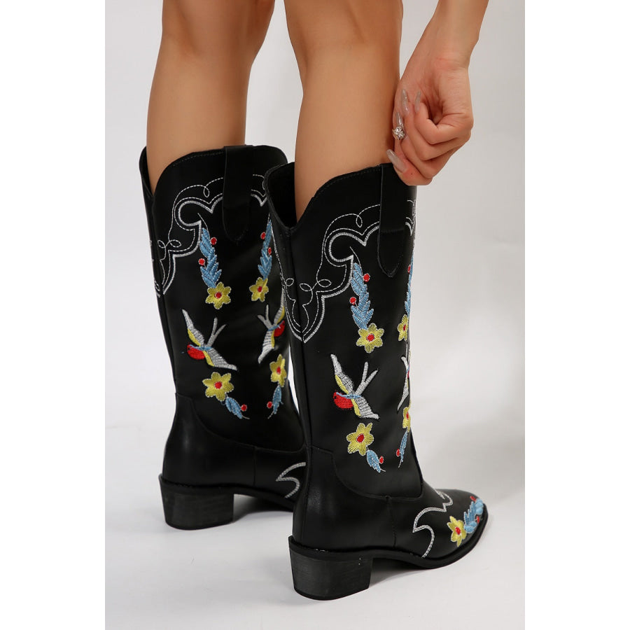 Embroidered Point Toe Block Heel Boots Apparel and Accessories