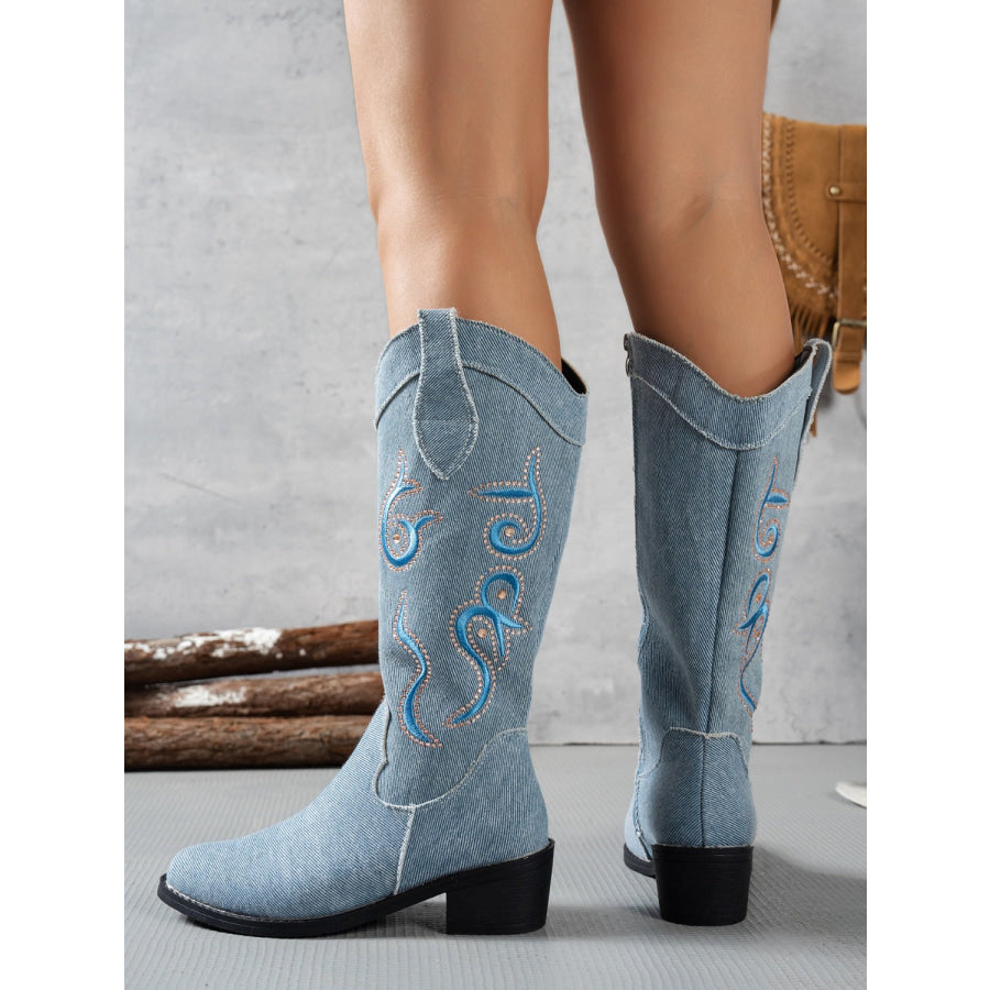 Embroidered Point Toe Block Heel Boots Apparel and Accessories