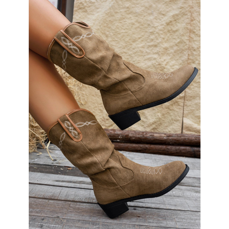 Embroidered Point Toe Block Heel Boots Apparel and Accessories