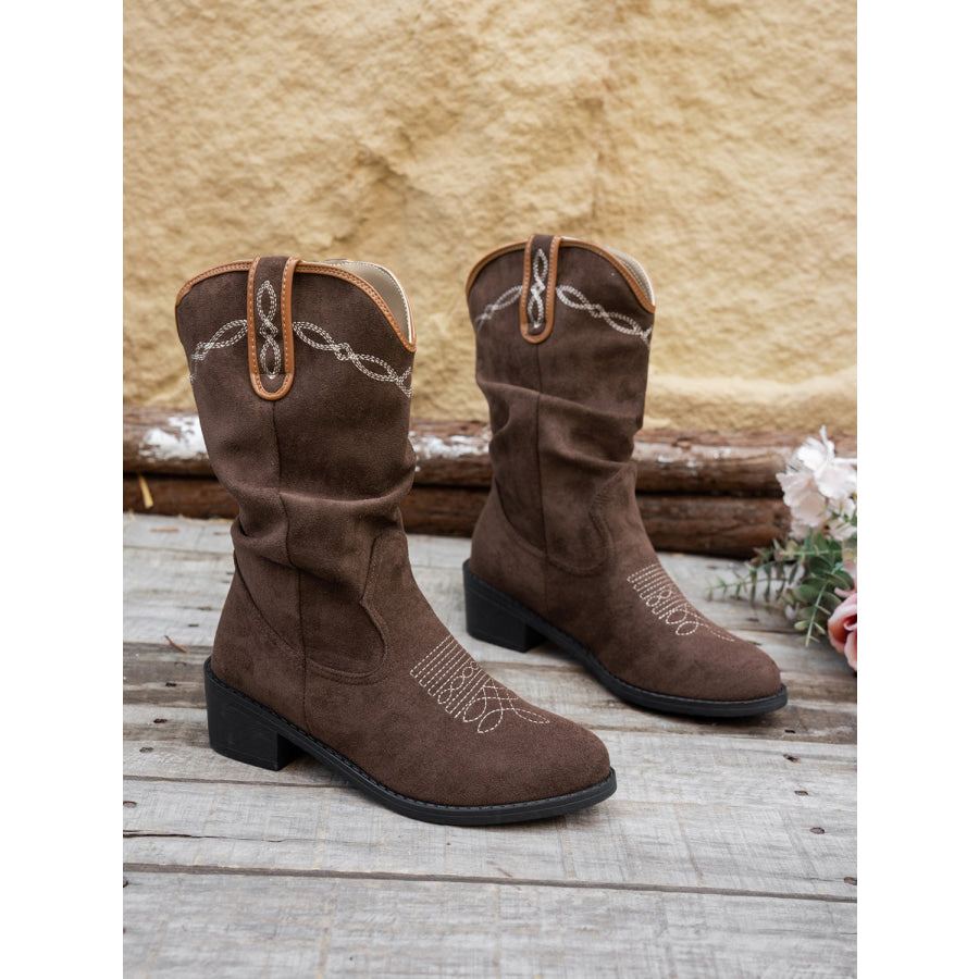 Embroidered Point Toe Block Heel Boots Apparel and Accessories