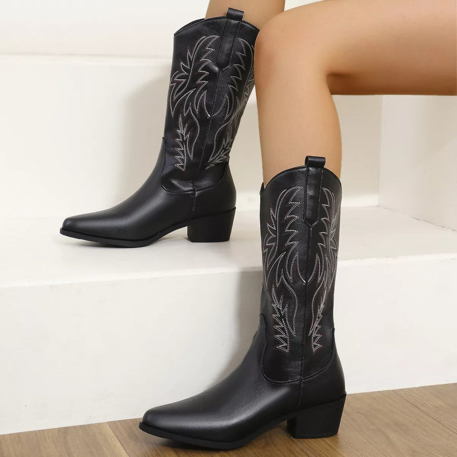 Embroidered Point Toe Block Heels Boots Black / 36 Cowboy Boots