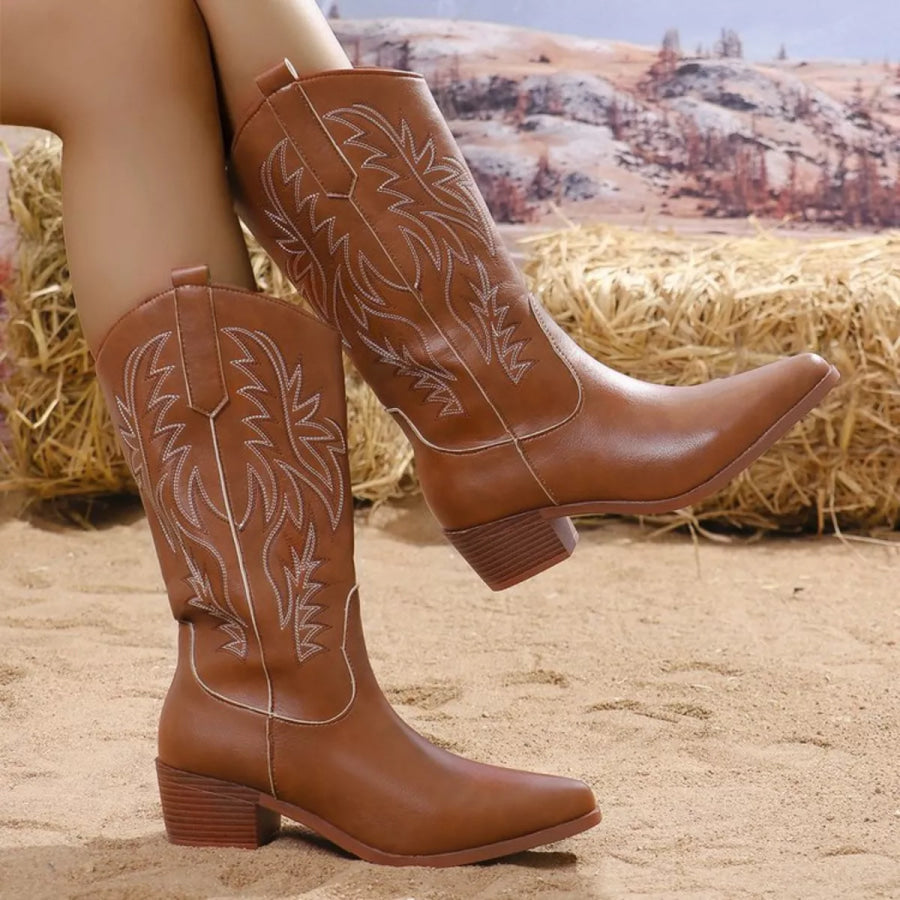 Embroidered Point Toe Block Heels Boots Brown / 36 Cowboy Boots