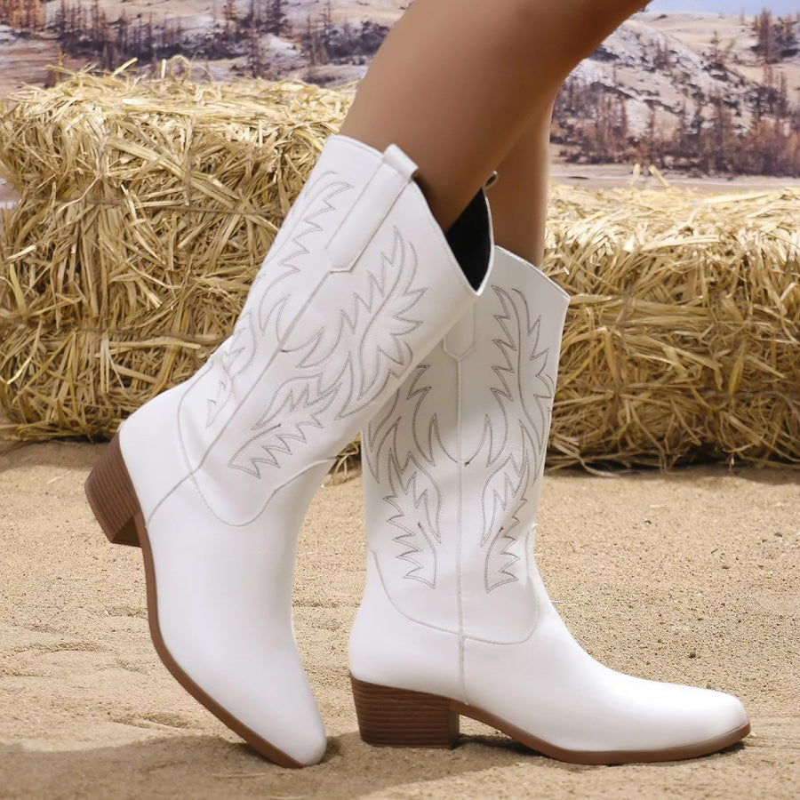 Embroidered Point Toe Block Heels Boots Cowboy Boots