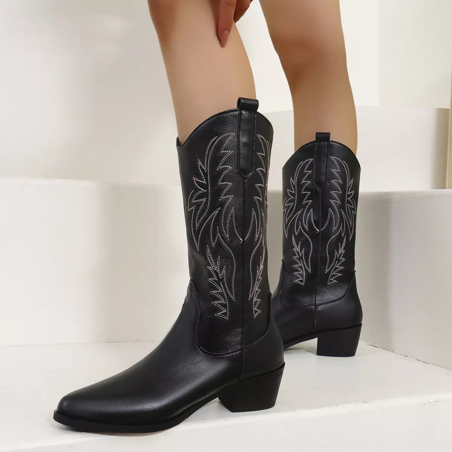 Embroidered Point Toe Block Heels Boots Cowboy Boots