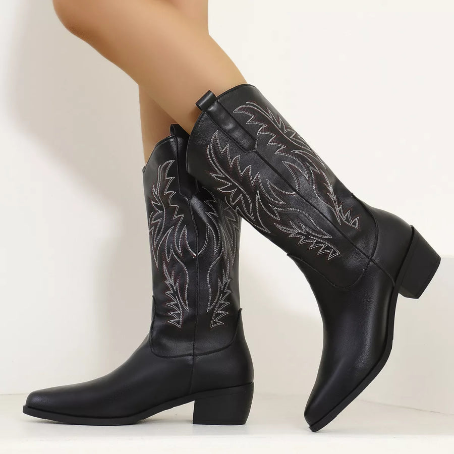 Embroidered Point Toe Block Heels Boots Cowboy Boots
