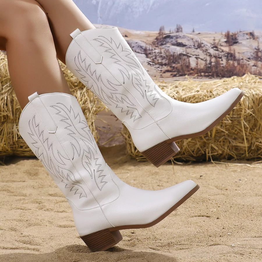Embroidered Point Toe Block Heels Boots White / 36 Cowboy Boots