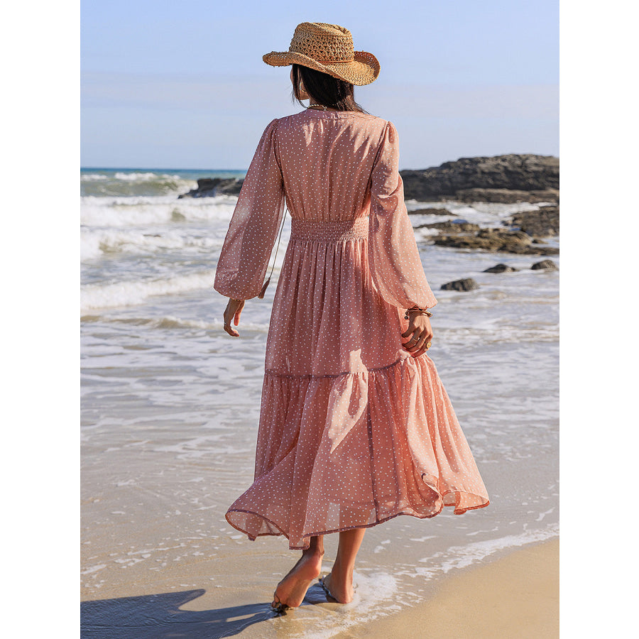 Embroidered Polka Dot Tie Neck Long Sleeve Midi Dress Apparel and Accessories