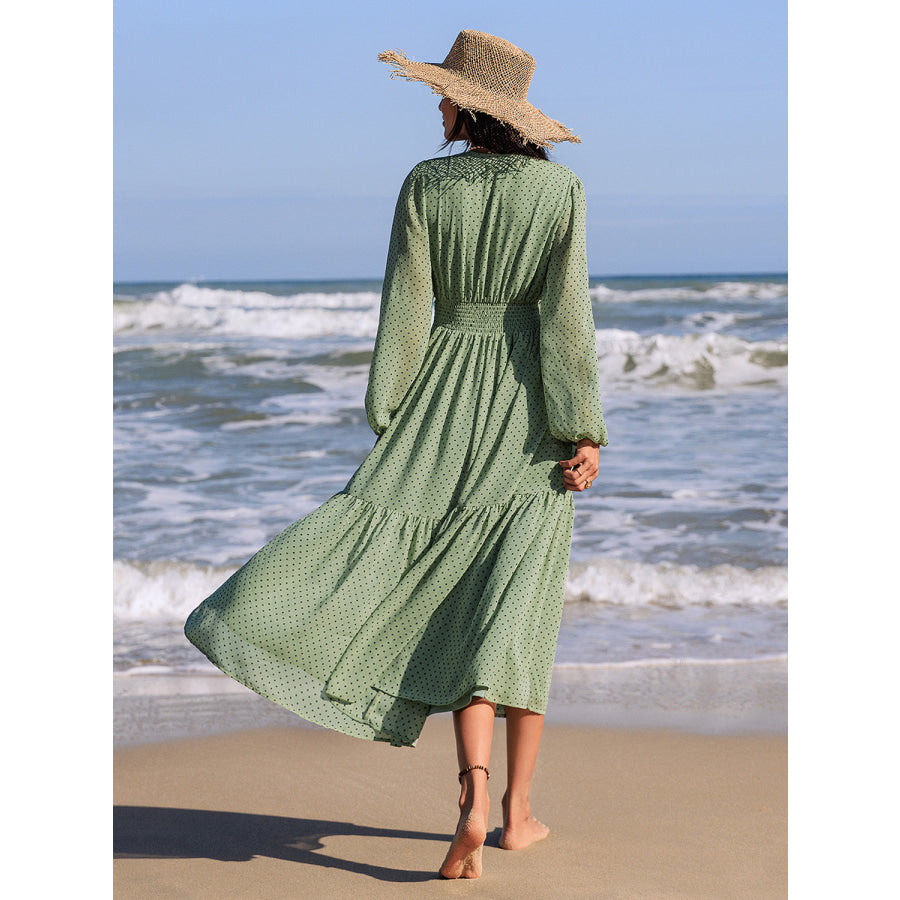 Embroidered Polka Dot Tie Neck Long Sleeve Midi Dress Apparel and Accessories