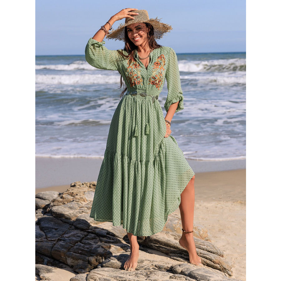 Embroidered Polka Dot Tie Neck Long Sleeve Midi Dress Apparel and Accessories