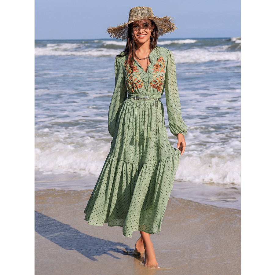 Embroidered Polka Dot Tie Neck Long Sleeve Midi Dress Apparel and Accessories