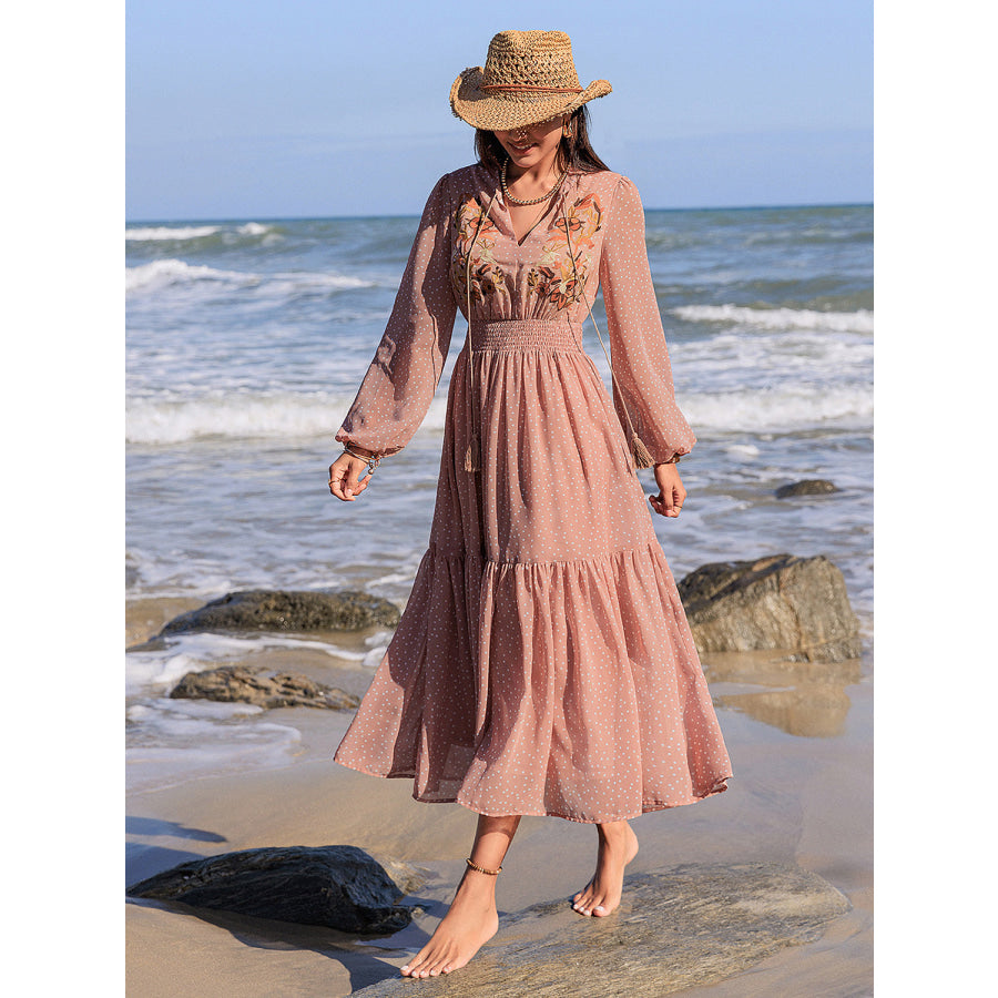 Embroidered Polka Dot Tie Neck Long Sleeve Midi Dress Apparel and Accessories