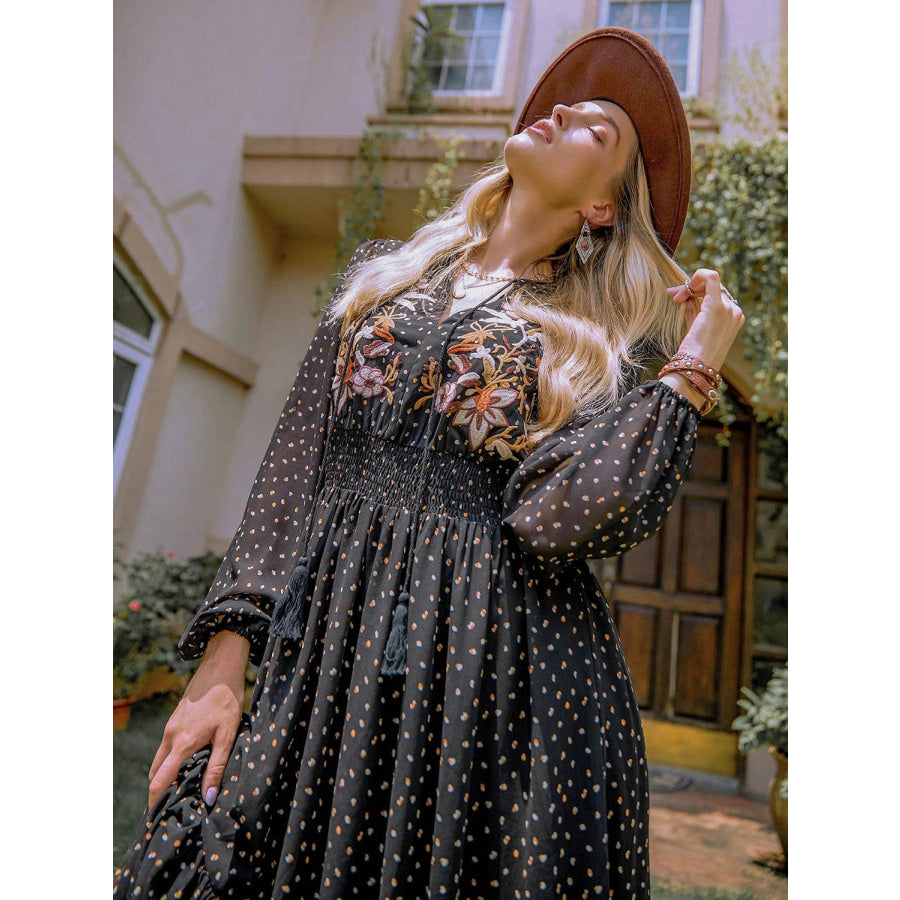 Embroidered Polka Dot Tie Neck Long Sleeve Midi Dress Apparel and Accessories