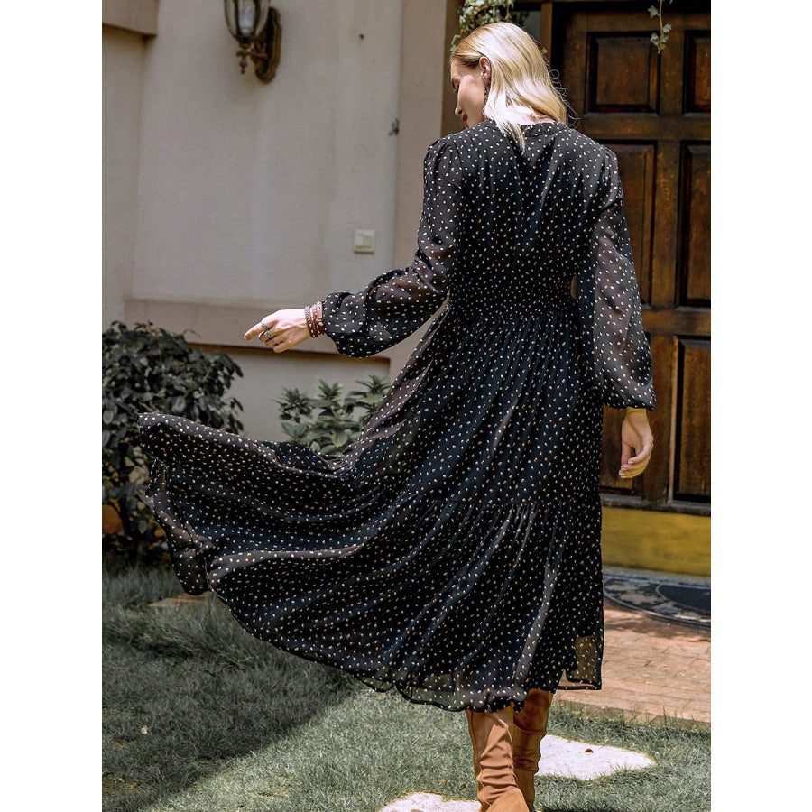 Embroidered Polka Dot Tie Neck Long Sleeve Midi Dress Apparel and Accessories