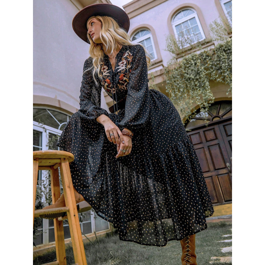 Embroidered Polka Dot Tie Neck Long Sleeve Midi Dress Apparel and Accessories